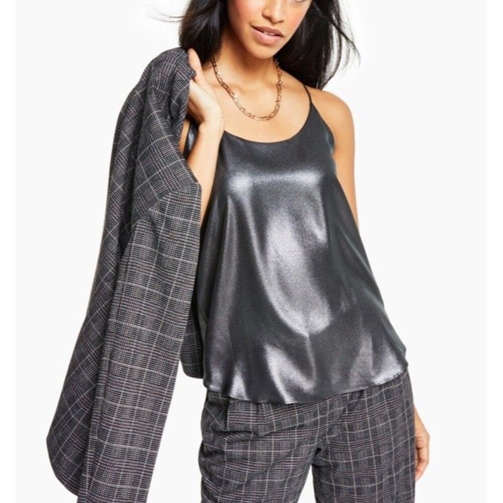 Bar III Womens Silver Metallic Camisole Tank Top Sz XS Shiny Party Blouse Party